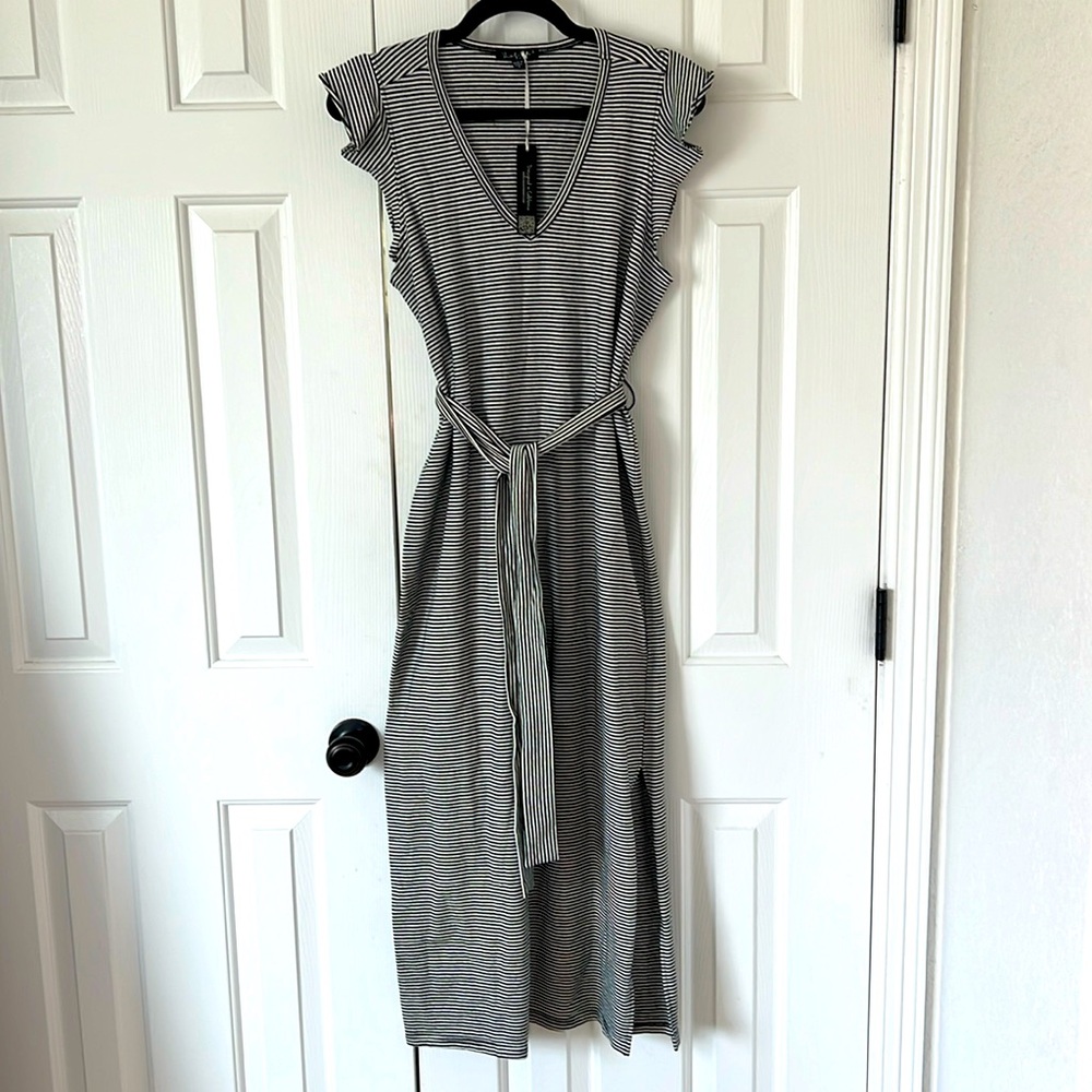 Belted flutter sleeved v-neck black and white striped knit maxi dress